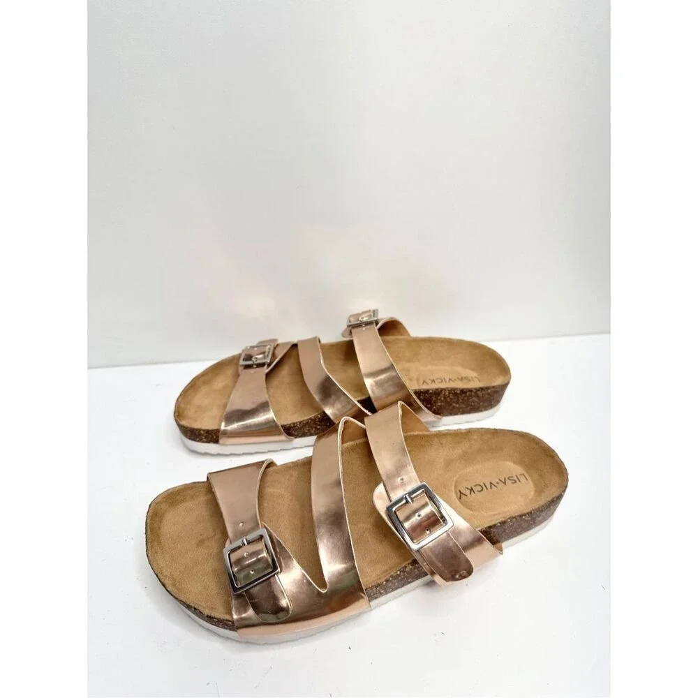 Lisa Vicky Womens Rose Gold Metallic Triple Strap Cork Footbed Sandals Size 6M‎